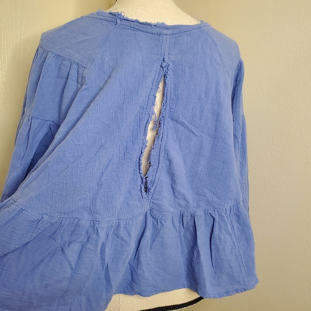 Free People Womens Blue Gauze Cotton Peplum Open‎ Back Long Sleeve Size Small - Picture 3 of 12